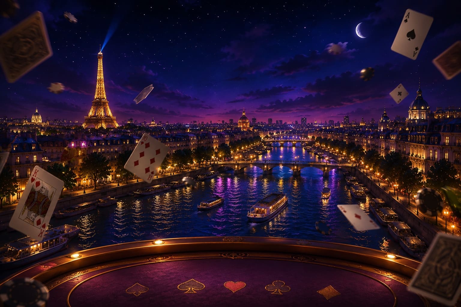 Le salon de belote — une scène de casino parisien nocturne avec la table de feutre et les cartes crème